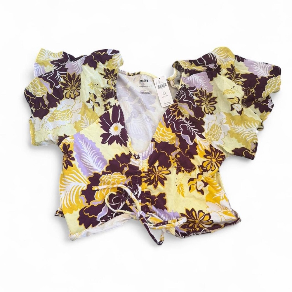 Anthropologie Yellow Purple Floral Tie-Front Crop Top